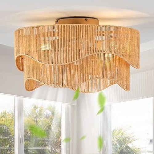 Flush Mount Ceiling Fan with Lights, 20" Low Profile Boho Ceiling Fan with Light Remote Control, Caged Rattan with 6 Speeds for Bedroom, Nursery, Living Room