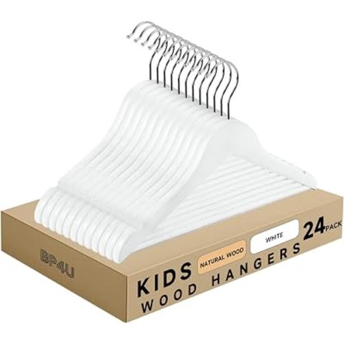 Kids Wooden Hangers with Pants Bar, White, 24-Pack