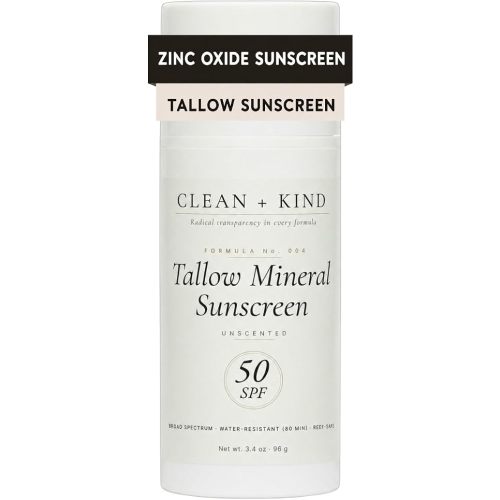 Organic Beef Tallow Sunscreen SPF 50 Unscented — Fragrance-Free Non-Nano Zinc Oxide Mineral Sunblock, Non-Toxic Natural Reef-Safe Water-Resistant Face & Body Sun Protection (3.4 oz)
