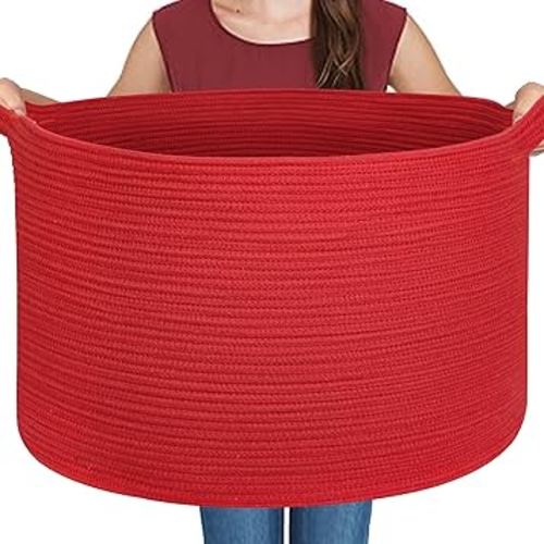 Extra Large Red Basket for Organizing, 22" X 22" X 14" Woven Cotton Rope Bins for Blankets, Baby Nursery Wicker Laundry Basket, Kids Dog Toy Storage Box, Big Red Living Room Decor Organizer