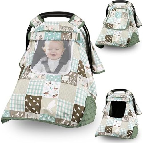 Mallard Duck Baby Car Seat Cover, HNHUAMING Infant Car Seat Covers for Baby Girl Boy, Minky Carseat Canopy with Peep Windows, Neutral