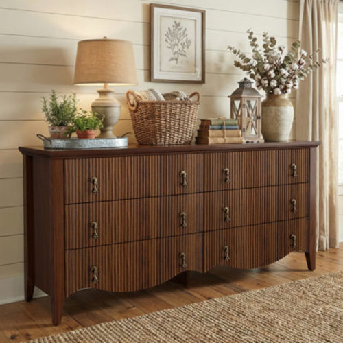 Avenall 6-drawer Double Dresser With Fluted Design, Vintage Wide Chest Of Drawers With Scalloped Base, Organic Modern Storage Cabinet For Bedroom, Walnut Finish | Wayfair