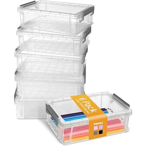 Sooez 6 Pack Extra Large Pencil Box, Plastic Pencil Case Crayon Box, Clear Marker Organizer Plastic Containers with Lid, Stackable Storage Boxes for Art Craft,Pen,Back to School Teacher Supplies, Grey