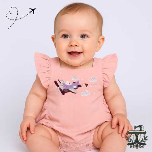 Pink Linen Baby Romper: Airplane Embroidery, Vintage Style