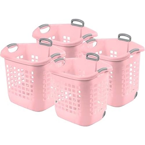 Sterilite 4 Pack Ultra Wheeled Laundry Basket, Plastic Clothes Hamper Bin with Wheels and Retractable Handle, 1.7 Bushel Capacity, Pink Frost