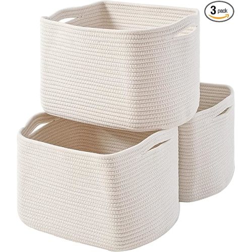 Storage Baskets for Organizing Shelves, Woven Cotton Rope Bins for Baby Nursery Organization, Book Toy Towel Organizer, 15"x11"x9.5", 3 Packs, Off White