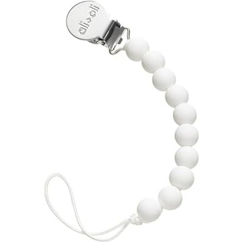 Ali+Oli Silicone Pacifier Clip for Baby (White) 100% Food-Grade BPA Free Newborn Pacifier Holder Infant Binky Clip for Baby Boy or Girl