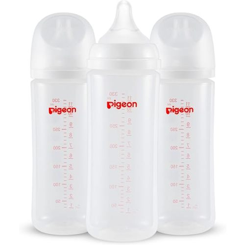 Pigeon PP Nursing Bottle Wide Neck, Anti-Colic, Streamlined Body, Natural Feel, Easy to Clean, 11.2 Oz (Pack of 3), Includes 3pcs L Nipples (6m+)