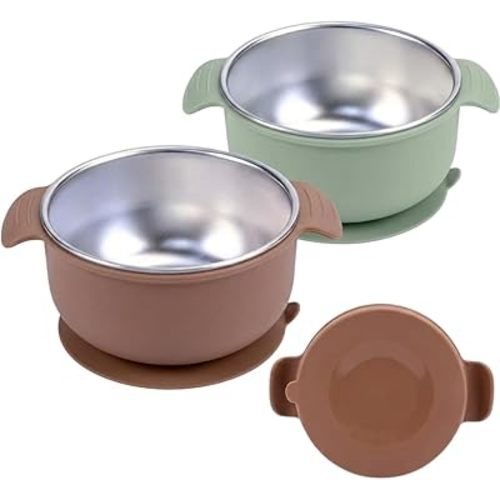 Stainless Steel Baby Suction Bowls with Handles 2 Pack, Non-Slip Children Food Bowl with Silicone Sleeve for Kids Toddlers Infants, Unbreakable & Non Toxic (Sage Green & Mocha Mousse)