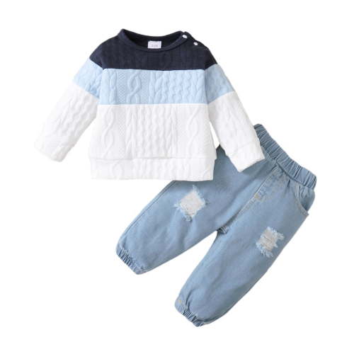 3 Months Baby Boys Clothes 6 Months Boys 2PCS Fall Winter Clothing Set Round Neck Infant Boys Long Sleeve Top Denim Pants Set Blue