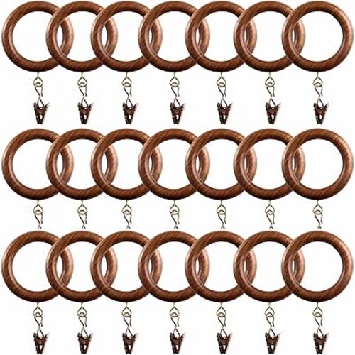 50 Pack Wooden Drapery Curtain Rod Rings with Clips for 1 inch to 1.5 inch Rod Pole, 1.75 inch Inner Diameter, Natural Rosewood (50, 1.75 INCH Inner Dia)