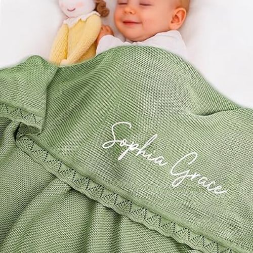 Personalized Baby Blanket 100% Cotton Embroidered Name Knit Blanket Custom Baby Blanket for Boys Girls Customized Baby Gift for Christmas Baby Shower for Newborn Toddler Stroller Blanket