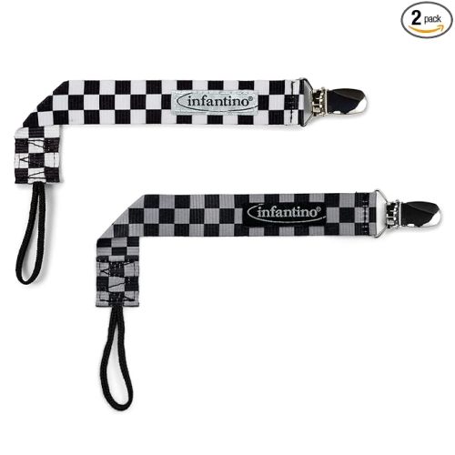 BooginHead by Infantino PaciGrip 2-Pack Pacifier Clips – Universal Fit, Gentle on Clothes, Keeps Pacifiers Clean & Close, Ages 0-36 Months, Black, Grey and White Skater