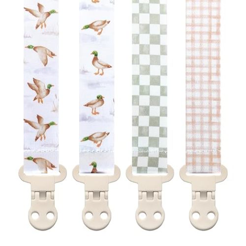Stadela Baby Pacifier Clip Holder - Boy and Girl Unisex 4 Pack Gift Set – Neutral Checker Gingham Plaid Ducks Mallards Beige Brown and Green