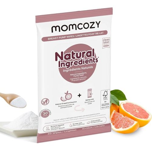Momcozy Natural Breast Pump Wipes for Pump Parts Cleaning On-the-go, 30 Count (Pack of 3), Flash Clean & Resealable Pump Wipes
