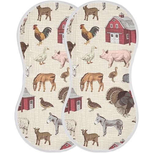 Vintage Farm Animals Burp Cloths Baby Boys Girls Absorbent Soft Cotton Burping Cloths Rags 2 Pack