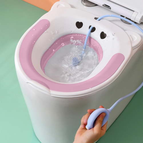 Collapsible Sitz Bath Basin for Toilet Seat - Foldable Postpartum Care, Portable Perineal Wash with Flusher Hose, Easy Storage, Gray or Pink