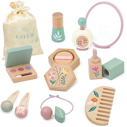 Wooden Makeup Toy Set Pretend Makeup for Toddlers 3-5 with Mirror/ Perfume/ Powder/Bag, Wooden Makeup Kit Wooden Makeup Toy Set for Girls Birthday Gifts for Kids