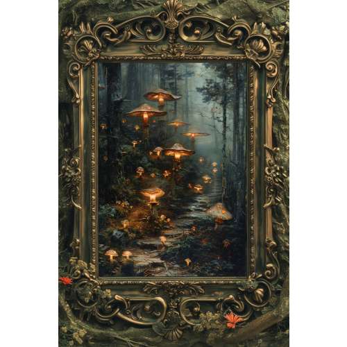 Enchanted Forest Art Print: Mystical Mushroom Woodland Scene