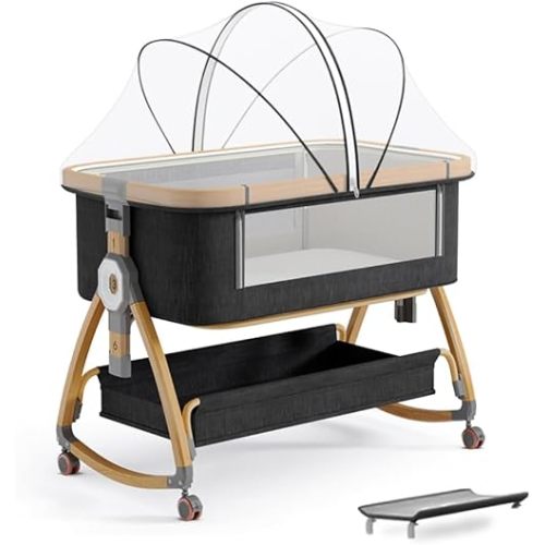 Baby Bassinet, Bedside Bassinet for Baby, 4 in 1 Portable Bassinet Bedside Sleeper with Wheels Mosquito Net & Storage Basket, 6 Height Adjustable Rocking Bassinet for Newborn Baby