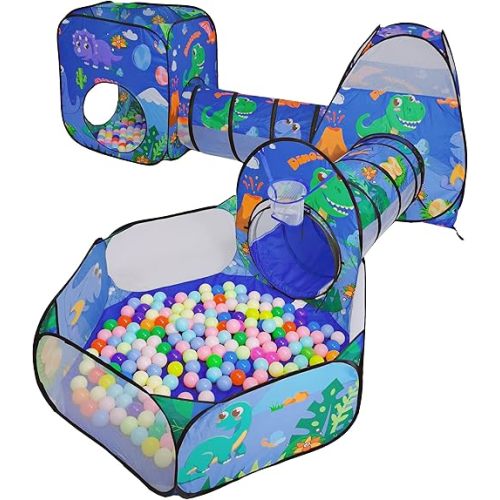 TTLOJ Gift 5PC Dinosaur Kids Play Tent with Ball Pit, Crawl Tunnel, Toddlers Playhouse Castle Toys, Baby Boys Girls Gift for 3 4 5 6 7 Years Old, Outdoor Indoor(Balls Not Included