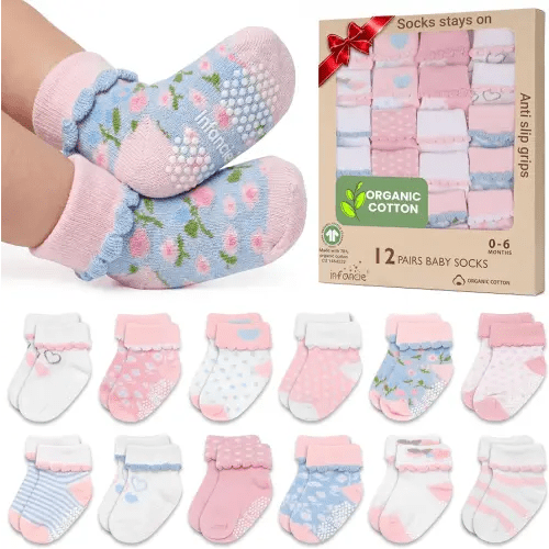 GOTS Organic Cotton Blend 12 Baby Newborn Socks 0-6 M Girl Non Slip Gift