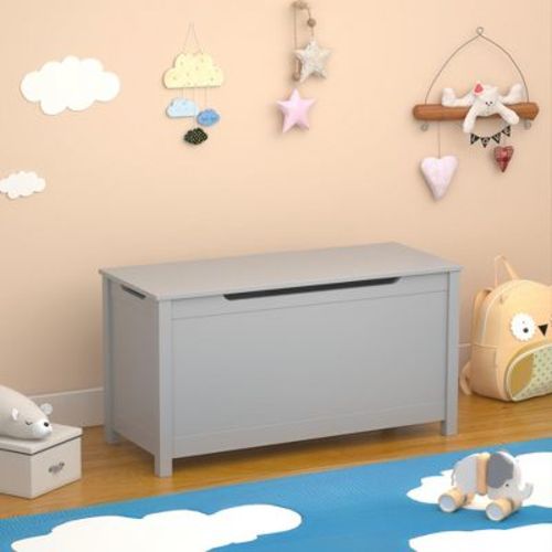 Kids Wooden Toy Box Storage with Safety Hinged Lid, Toy Chest Organizer for Playroom and Bedroom, Gray