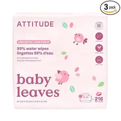 ATTITUDE Baby Water Wipes, EWG Verified, Safe for Newborns, Unscented & Fragrance-Free, 99% Water, Gentle, Vegan & Dermatologically Tested, Travel Pack with Hard Lid, 72 Count (Pack of 3)