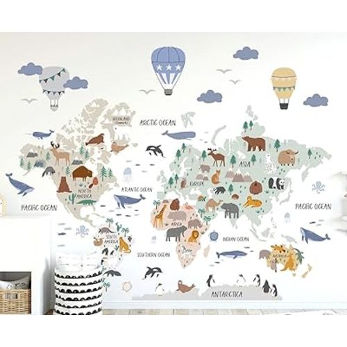 Colors Crafter Animal World Map Wall Decal - Wall Sticker - Nursery & Bedroom Gift - 60"W x 50"H