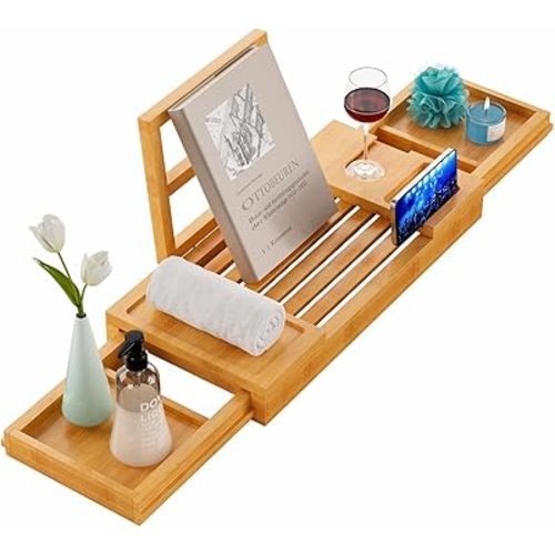 Yirilan Bamboo Bathtub Tray, Expandable Bathroom Tray, Waterproof Tray Caddy, Perfect Bath Caddy for Home Spa, Gift for Loved Ones, Bamboo