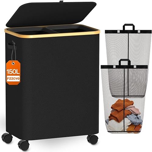 Double Laundry Hamper with Lid and Wheels, 150L Large Laundry Basket with 2 Sections & Removable Liner Bags, Rolling Dirty Clothes Basket with Handles for Bedroom, Bathroom, Dorm, College