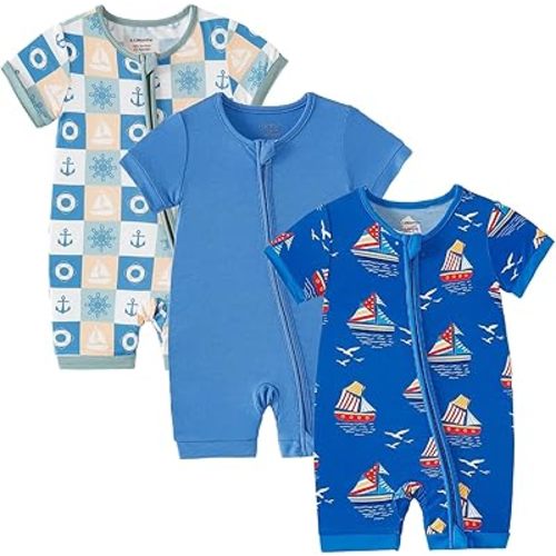 OPAWO Bamboo Baby Pajamas 3 Pack, Double Zipper Bamboo Sleepers for Baby Boy Girl Romper, Toddler Summer Clothes Outfit 0-24M