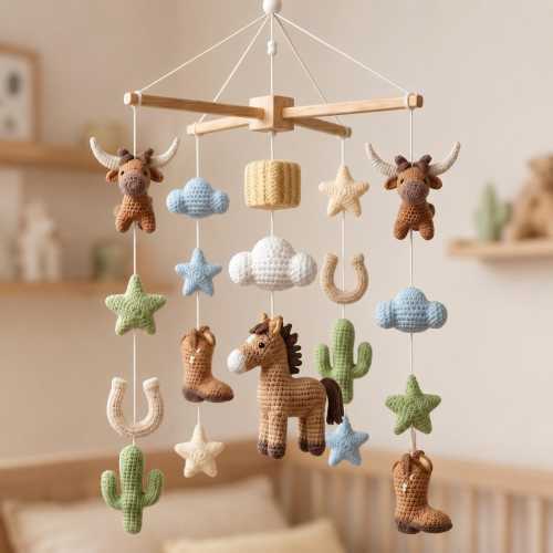 Crochet Cowboy Crib Mobile, Horse Highland Cow Boots Cactus & Horseshoe, Western Nursery Decor