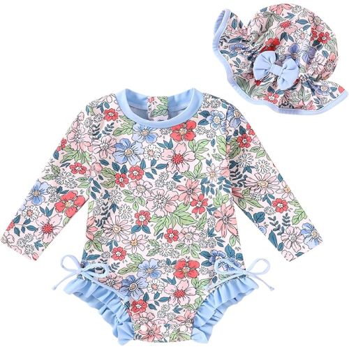 Infant Baby Swimsuit Girl Long Sleeve UPF 50+ Sun Protection One-Piece Rash Guard with Hat Zipper Bathing Suit