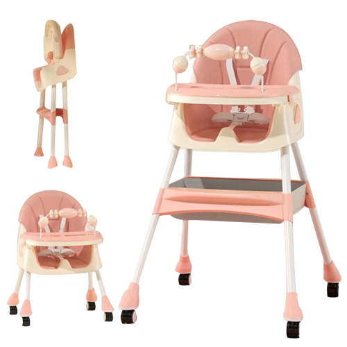 PUEDO 4-in-1 Baby High Chair Portable Toddler Dining Chairs Eat & Play Convertible Highchair with Adjustable Tray, Pink