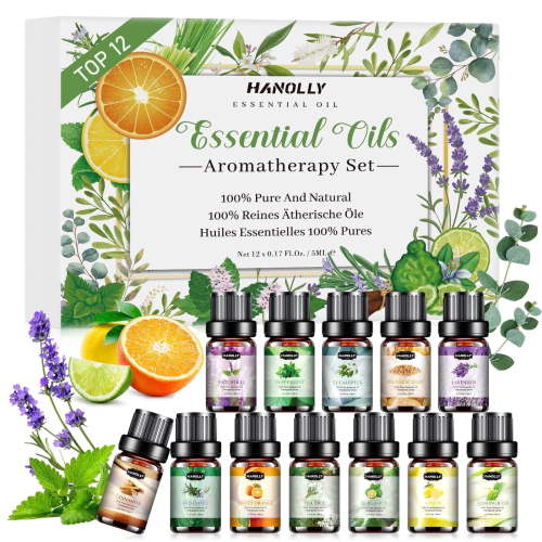 Hanolly Essential Oils Set, Hypoallergenic Aromatherapy Oils for Diffuser, Humidifier, Massage, Skin Care, 12 Pack, 5 ml
