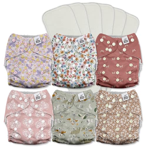 Mama Koala 3.0 Pocket Cloth Diapers for Babies with AWJ Lining, 6 Pack with 6 5-Layer Natural Cloth Diaper Inserts - Reusable and Washable Pocket Diapers(A-Wild Flowers)
