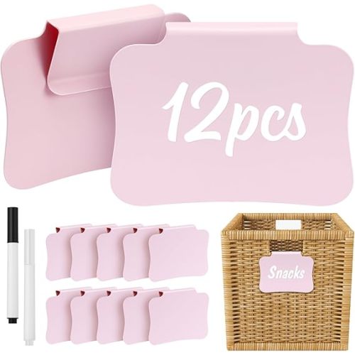 12PCS Basket Labels Clip On for Storage Bins, Removable & Erasable Bin Labels Clips On, Laundry Kitchen Pantry Labels for Organizing Baskets Cube Box (Pink)
