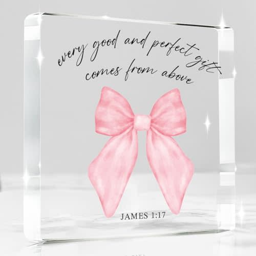 Pink Bow Room Decor, Inspirational Christian Gifts for Women, Pink Coquette Aesthetic Bow Dorm Bathroom Decoration, Office Decor for Women, Acrylic Office Desk Accessories Wall Art Sign-James 1:17