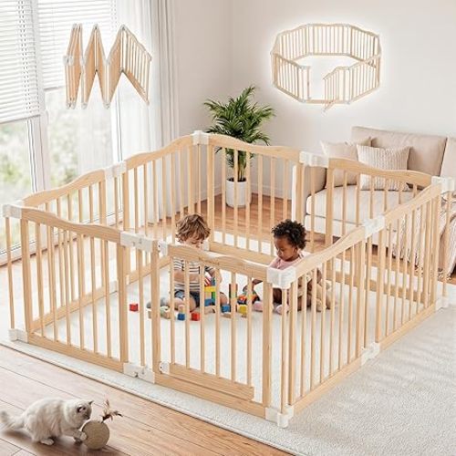 Foldable Wooden Playpen - Adjustable Wood Baby Play Yard with Child-Proof Lock, Indoor Large Safety Fence for Babies and Toddlers - Easy Assembly, 55 x 55 x 24 inches, Nature Nest