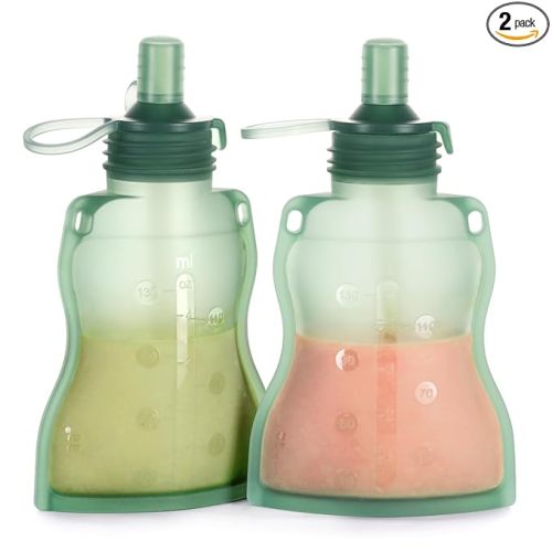 haakaa Yummy Pouch Reusable Baby Food Pouch, Reusable Pouches for Toddlers Kids Squeezable Pouch, Washable Freezer - Make Homemade Organic Food for Babies/Toddlers, 4oz, 2 Pack,6m+(Pea Green)