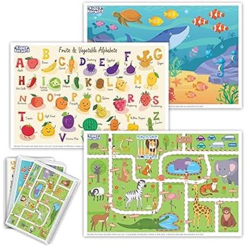 Premium Disposable Placemats for Baby, Kids Placemat, Toddler Placemat- 40 Pack Placemats Kids for Restaurants, Dining, and Travel - Fun Learning Designs Included