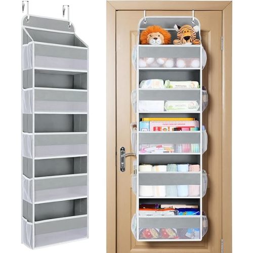 Yecaye Over The Door Organizer Storage, 5-Tier Heavy Duty Door Organizers Hanging with 10 Side Mesh Pockets, 44 lbs Load Capacity Behind Door Storage for Bathroom Nursery Bedroom Dorm Closet, Grey
