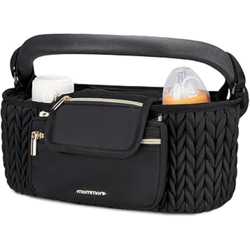 mommore Stroller Organizer with Insulated Cup Holders, Adjustable Stroller Caddy with Detachable Phone Bag, Stroller Accessories Fits for Uppababy, Doona, Jogger, Britax (Black)