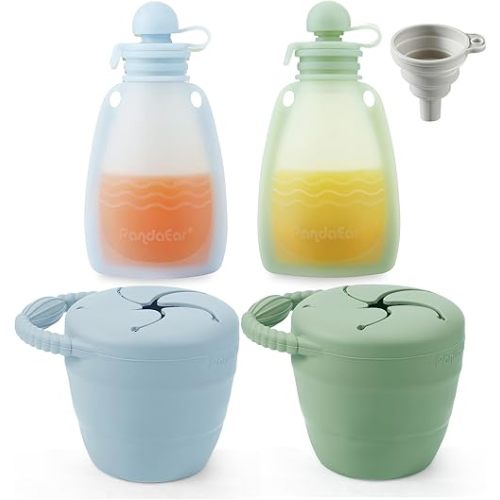 PandaEar 2 Pack Baby Food Pouches & 2 Pack Snack Containers, Reusable Silicone Squeeze Pouches & Collapsible Toddler Snack Cups for Toddler Kids -Blue&Green