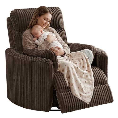 SUNWAVE 40" Oversized Power Nursery Rocking Recliner Barrel Chair | Electric Headrest & Anti-Pinch, Swivel Nursing Chair Lay-Flat Corduroy Rocking Chair Nursery with USB/Type-C