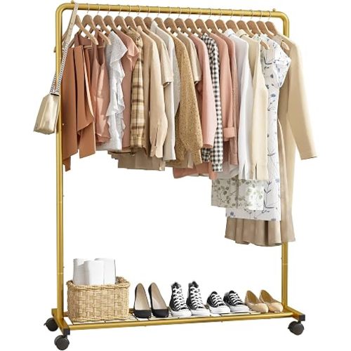 Sakugi Clothes Rack - Clothing Rack with Storage Mesh Shelf & Casters, Heavy-Duty Metal Clothing Rack for Hanging Clothes, Dresses, Coats, Large Load Capacity, Easy Assembly, Gold, 44.3"x16.9"x59.0"