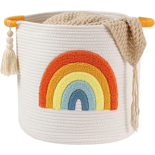 Blanket Baskets for Living Room Decor, Toy Storage Baskets Woven Cotton Rope Storage Basket Kids Toys Organizer with Embroidery Rainbow Decor, Baby Basket for Laundry Nursery (Large, Boho Rainbow)