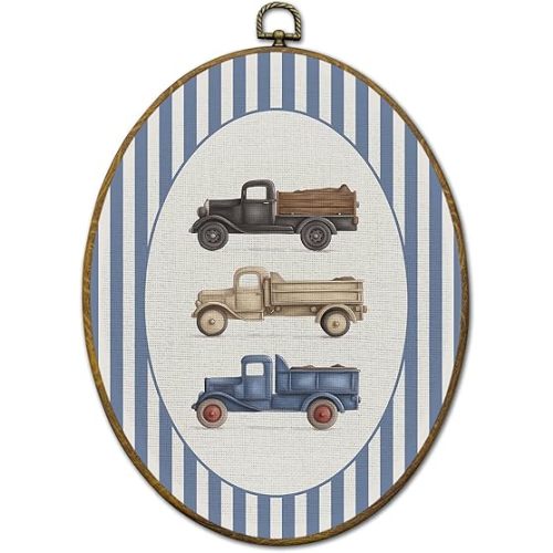 QZQE Vintage Truck Boy Nursery Oval Wall Art Decor Framed, Sports Oval Canvas Prints, Blue Striped Truck Vehicle Wall Hanging Decor for Kids Nursery Toddler Boy Room Bedroom Playroom, 8.6x11.4 Inch