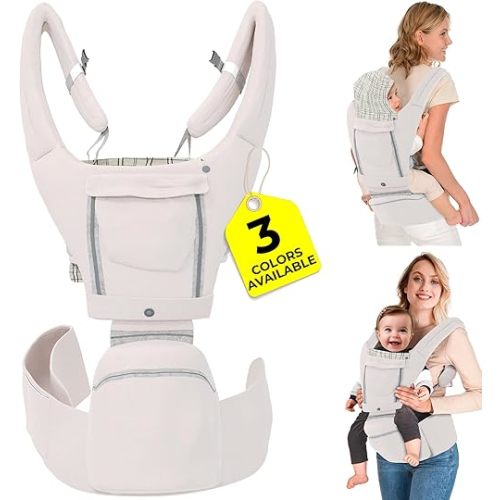 Ergonomic Baby Carrier with Hip Seat – Newborn to Toddler, Front-Facing Baby Carrier for Plus Size Parents- Foldable Toddler Tower for Learning and Standing, Beige